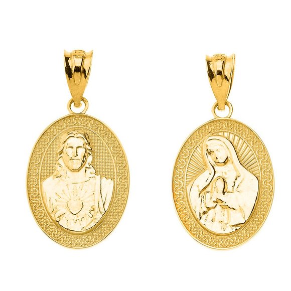 10K Solid Gold Reversible Virgin Mary and Jesus Christ Oval Pendant Charm